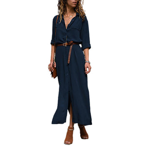 Long Sleeve Solid Color Button Formal Loose Dress