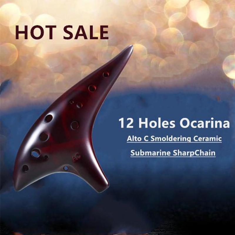 [HOT SALE]-12 Holes Ocarina Alto C Smoldering Ceramic Submarine SharpChain +Display BaseS