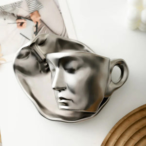 Metal Touching Face Creative Ceramic Kiss Coffee Cup, Artistic Vibe Mug & Saucer Set