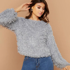 Round Neck Fluffy Pullover