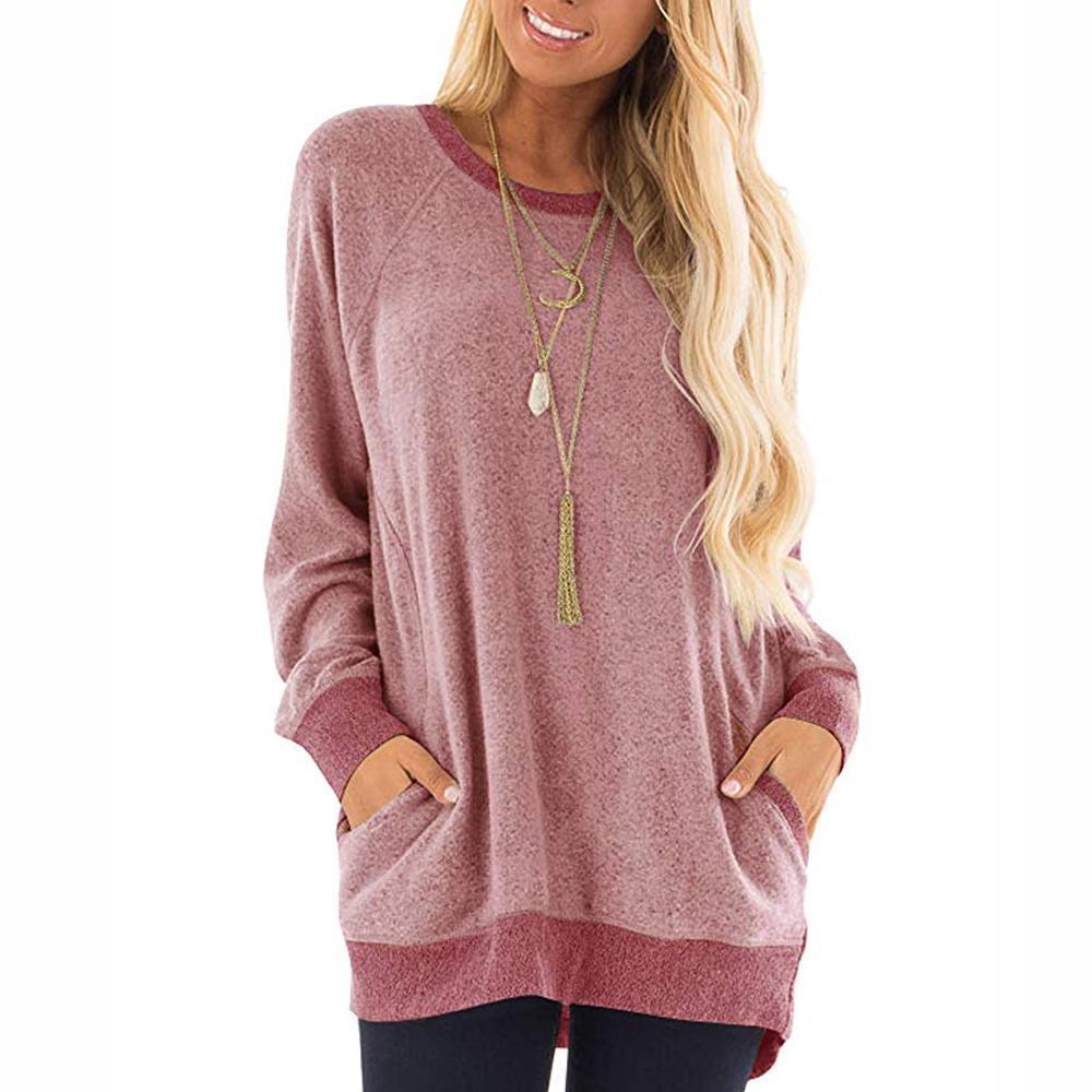 Womens Casual Color Block Long Sleeve Round Neck Pocket T Shirts