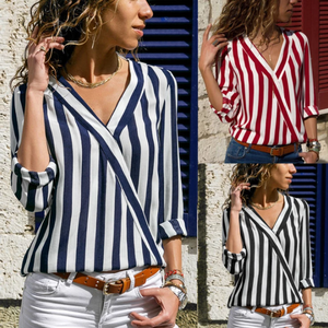 Women Shirt V-neck Striped Print Blouse