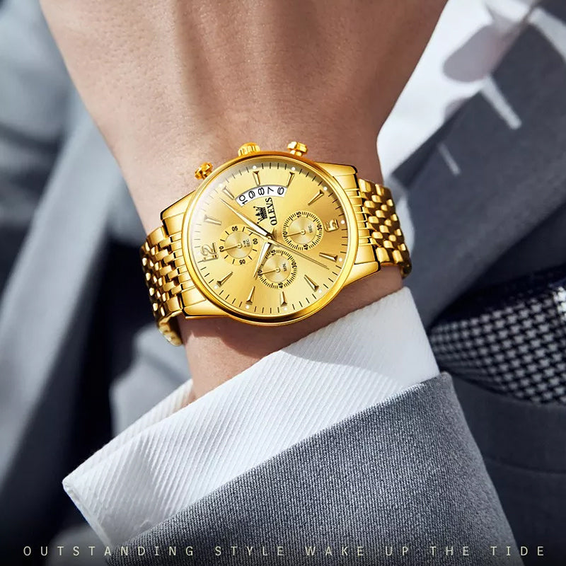 Luxury Gold Three-eye Chronograph Dial Automatic Mechanical Watch