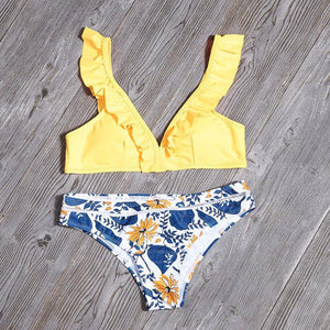 Print swimsuit with frills