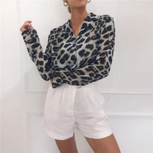 Women Long Sleeve Sexy Leopard Print Turn Down Collar Blouse