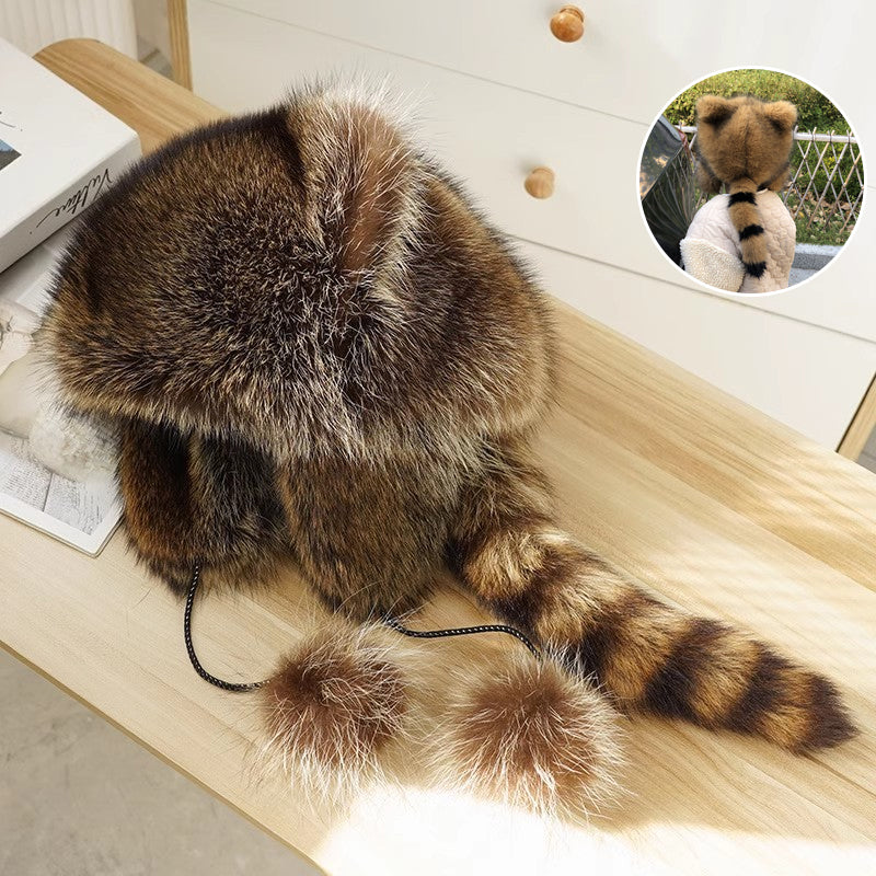 🐻Cute faux fur raccoon tail parent-child plush hat